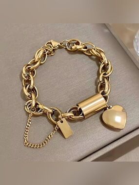 Heart Lock Stainless Steel Charm Bracelet Chunky Gold Plated Chain Love Bracelet